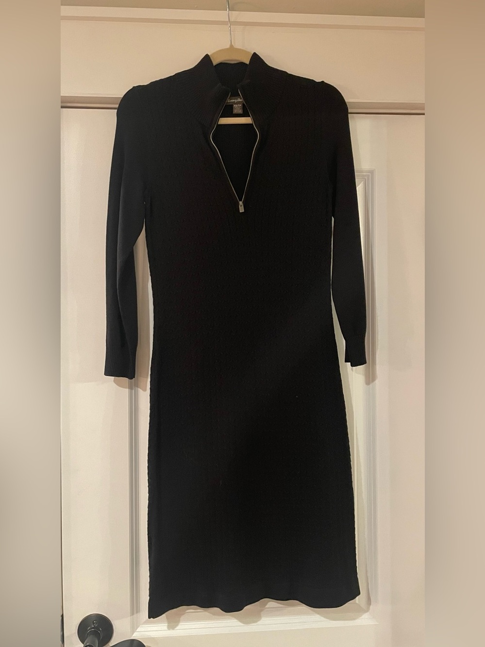 Black Long-Sleeve Zip-Front Knit Sweater Dress